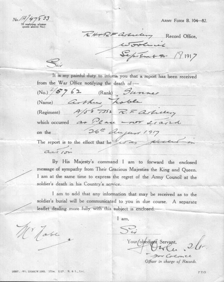 Noble, Gnr A Notification of death